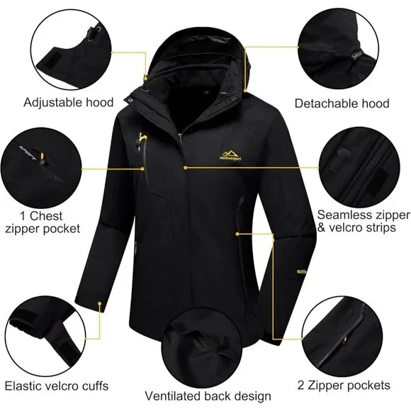 Women's Pure Black 3-in-1 Winter Waterproof Windproof Fleece Lined Winter Jacket